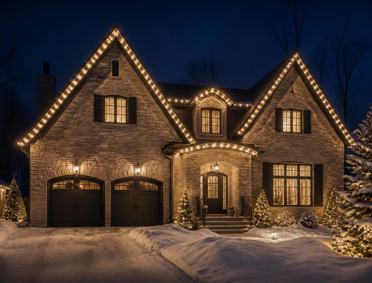 Stone home with warm white roofline holiday lighting at night