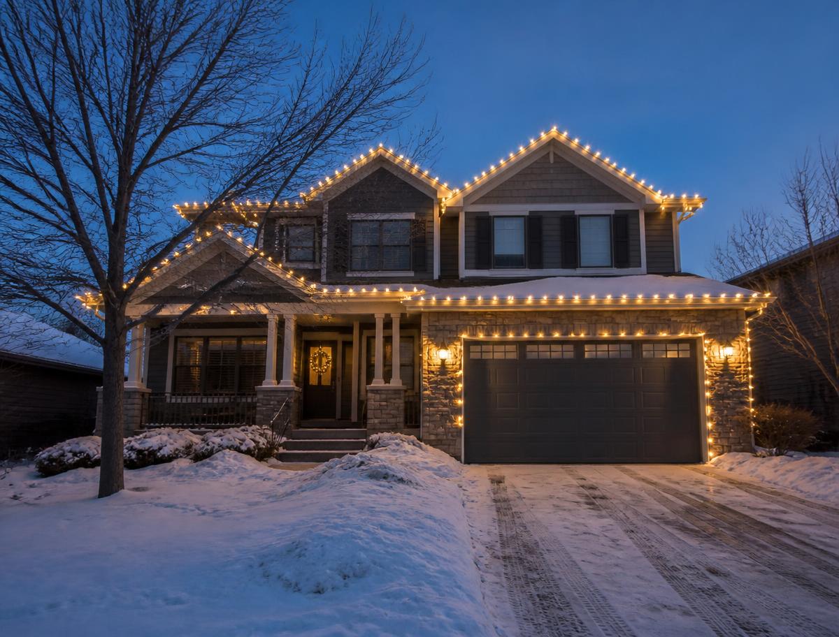 Two-storey family home with warm white roofline and garage holiday lighting in the snow