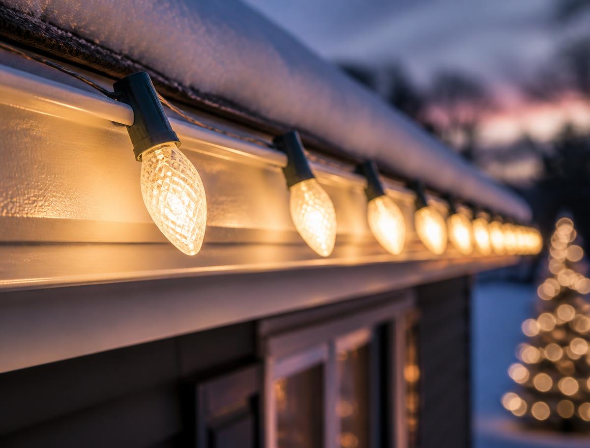 Close-up of warm white C9 bulbs installed along a roofline