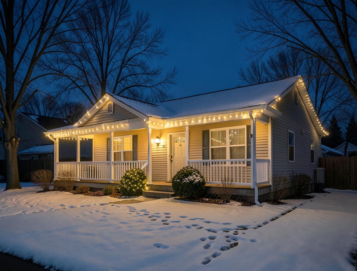 Single-storey suburban home with warm white roofline and porch holiday lighting in the snow