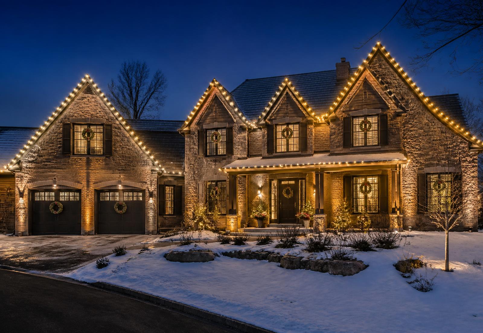 Elegant home with professionally installed warm white holiday lighting at dusk